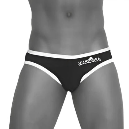 Black and white striped briefs with logo waistband shown from back in icker sea zipper back pas slip bikini swimwear green cob-13-21