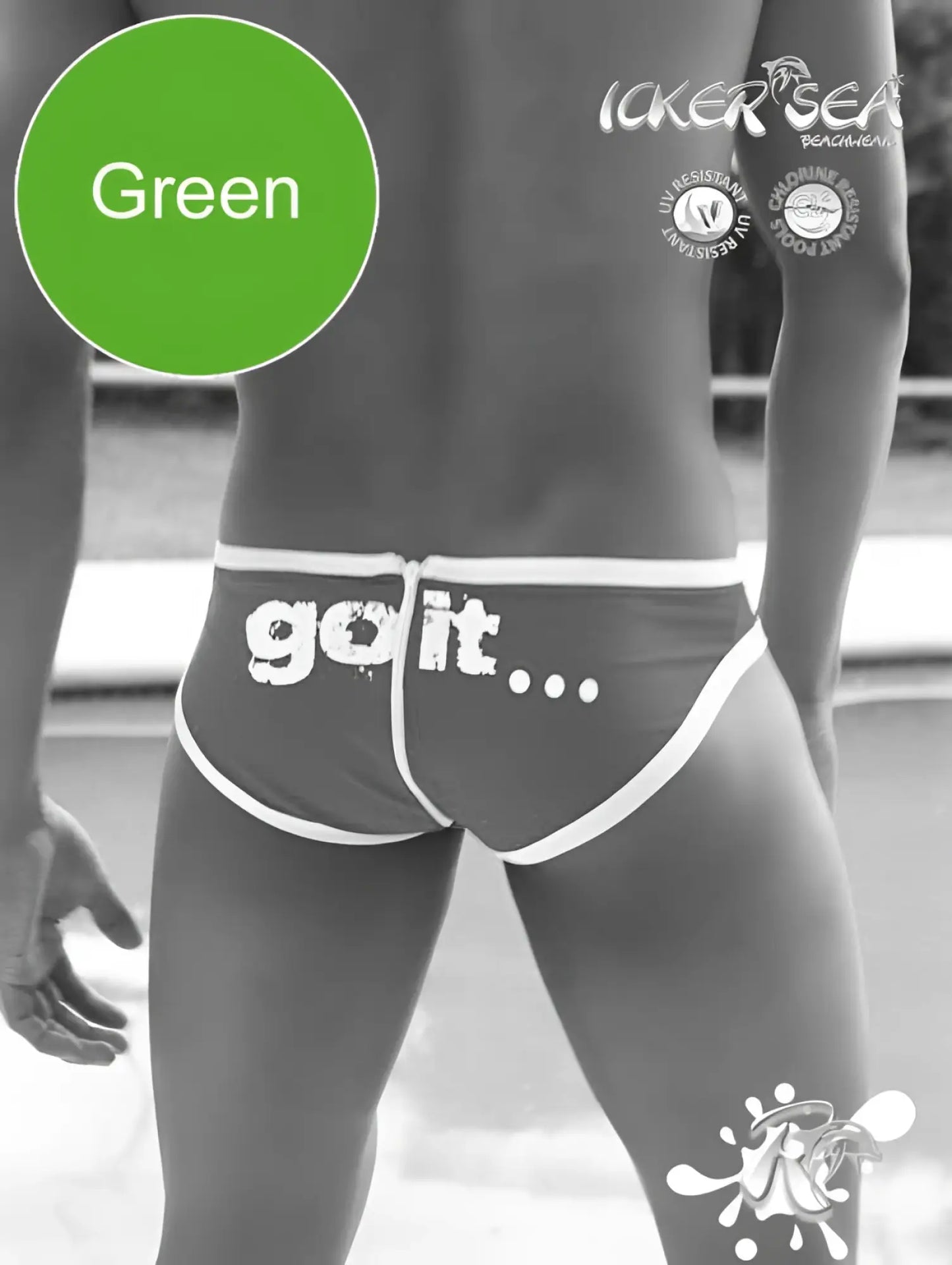 Green swim trunks with white trim and go it printed front from icker sea zipper back pas slip bikini swimwear green cob-13-21