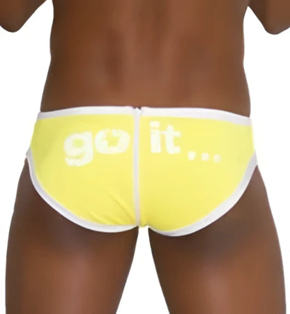 Bright yellow icker sea zipper back pas slip bikini swimwear briefs with white trim and playful go it print
