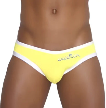 Icker Sea bright yellow men’s briefs with white trim, subtle logo, zipper back, slip bikini swimwear mango COB-13-16