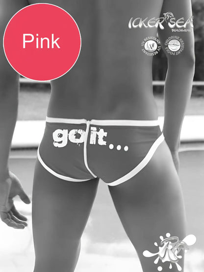 Pink icker sea zipper back pas slip bikini swimwear featuring pink swim trunks with white trim and distressed go it print