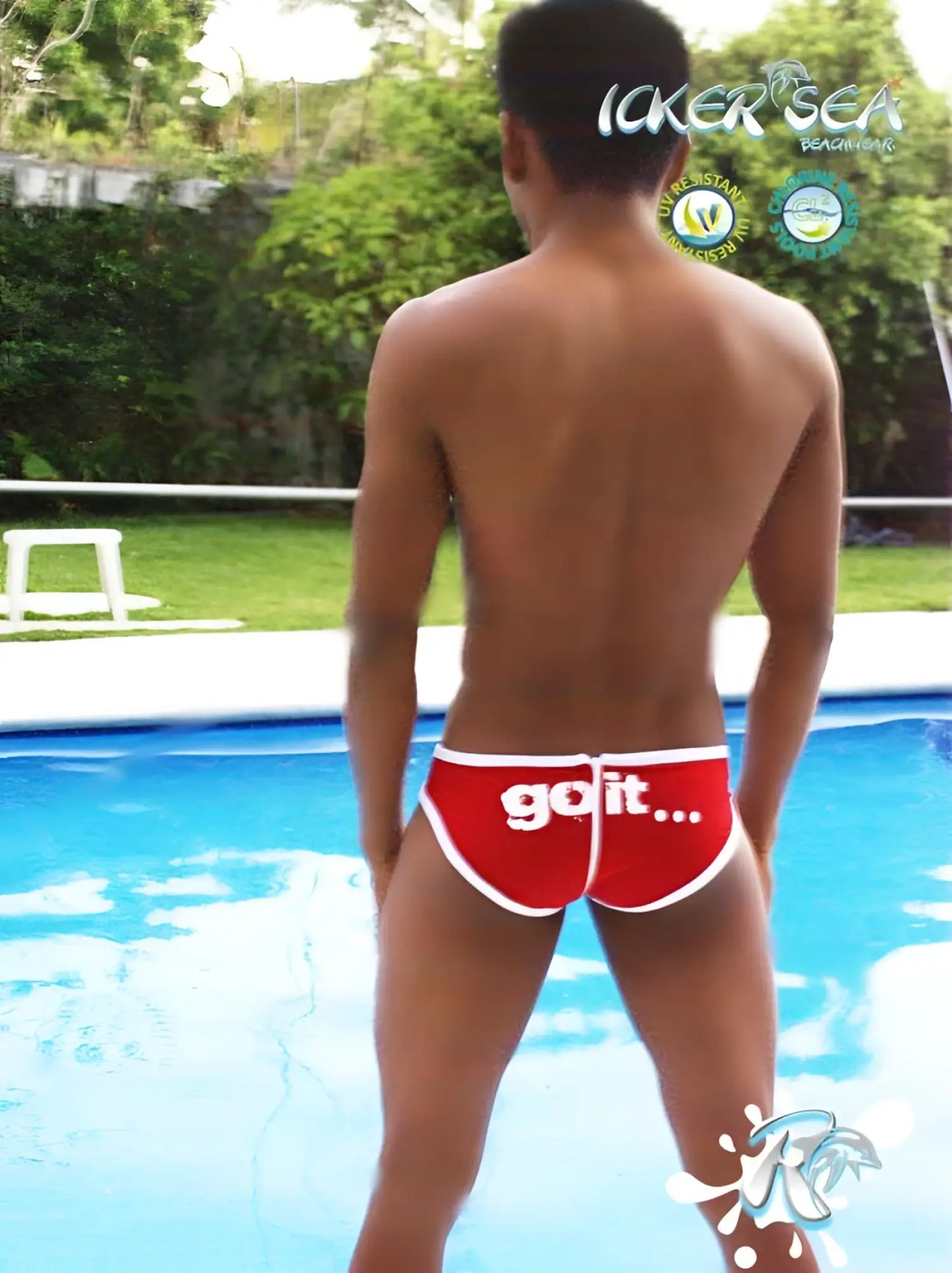 Red icker sea zipper back pas slip bikini swimwear showing back with white trim and go it print on red swim trunks