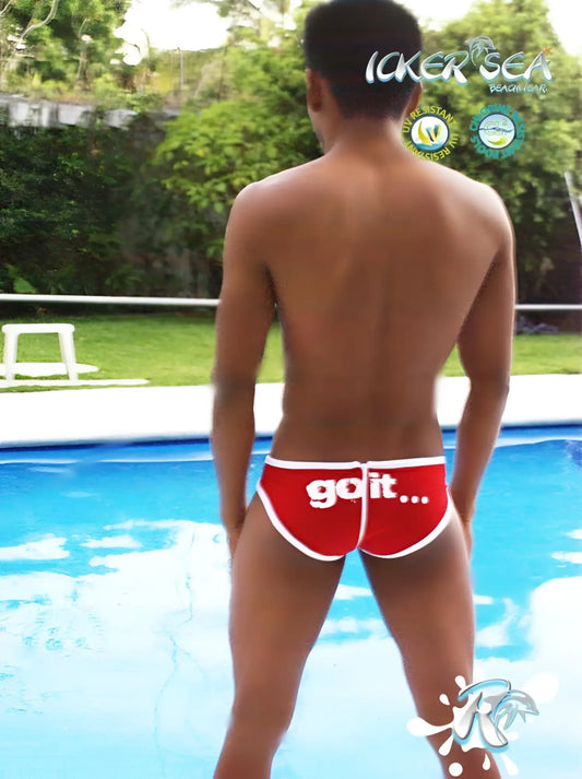 Red icker sea zipper back pas slip bikini swimwear showing back with white trim and go it print on red swim trunks