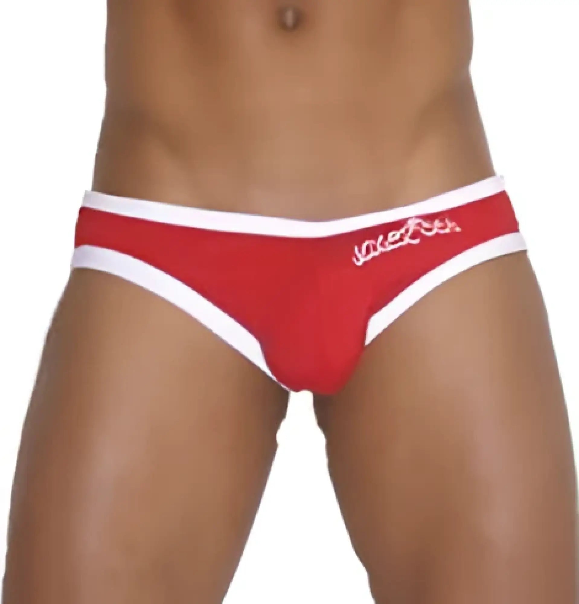 Red and white men’s briefs swimwear with a subtle logo on waistband showing the back side for icker sea zipper back pas slip bikini