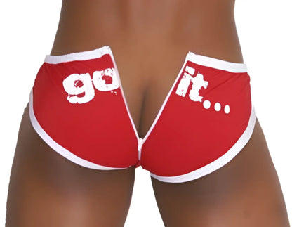 Red and white go it slogan bikini briefs with zipper back by icker sea for swimwear use