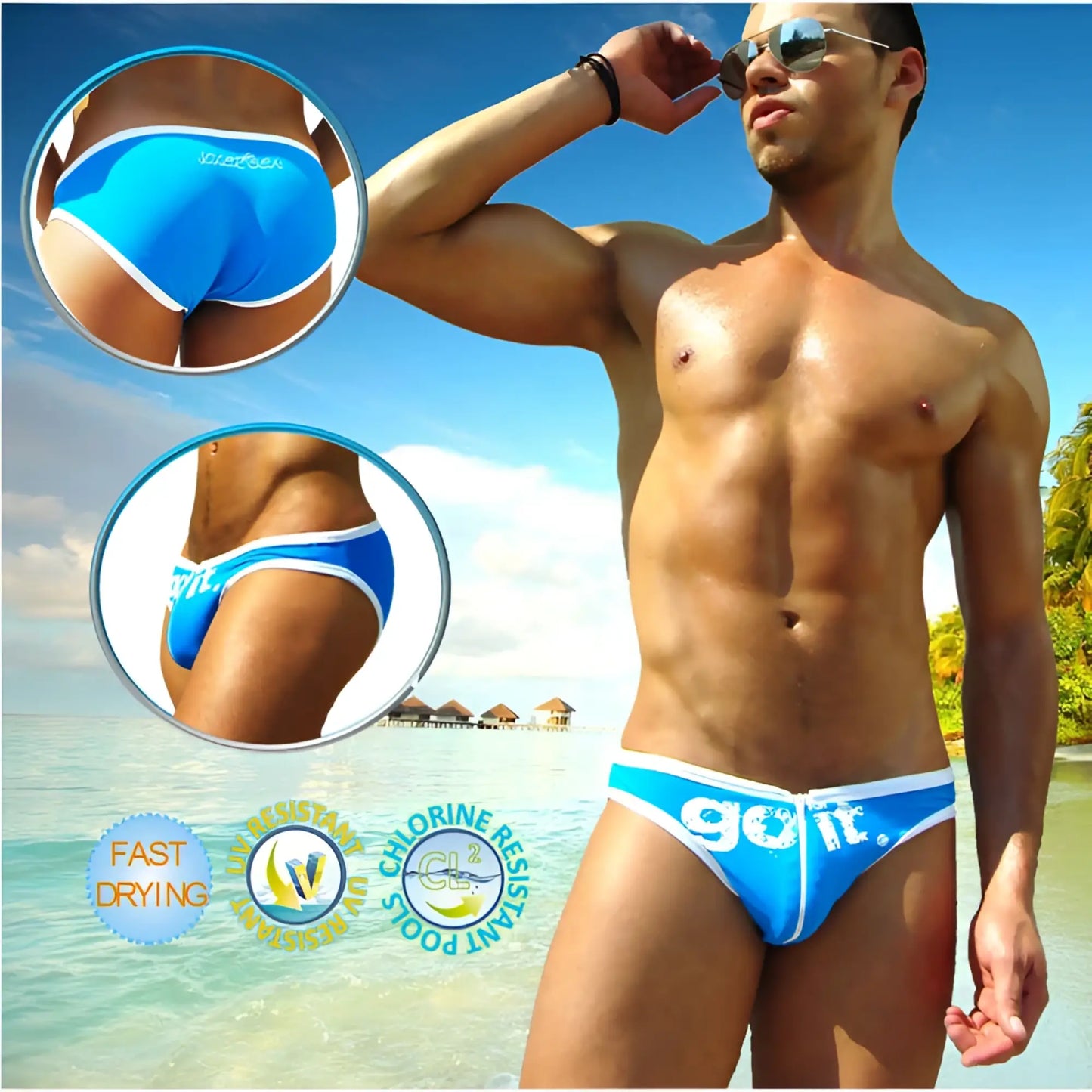 Bright blue swim trunks with white trim and go it logo on front from icker sea zipper front act slip bikini swimwear