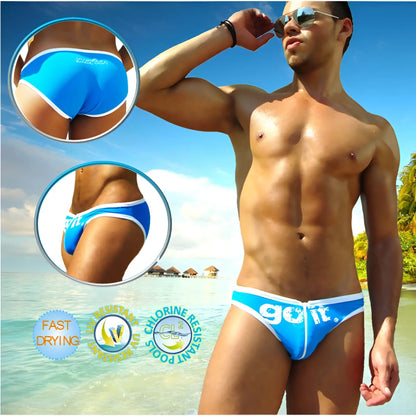 Bright blue swim trunks with white trim and go it logo on front from icker sea zipper front act slip bikini swimwear