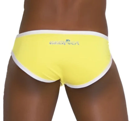 Bright yellow icker sea zipper front act slip bikini swimwear with white trim and logo on waistband