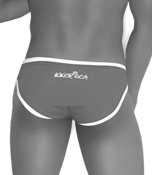 Gray briefs with white trim and subtle logo on waistband matching icker sea zipper front act slip bikini swimwear pink cob-13-22