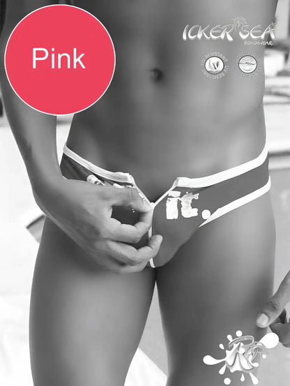 Pink icker sea zipper front act slip bikini swimwear with white trim and bold it graphic for swimming and beachwear