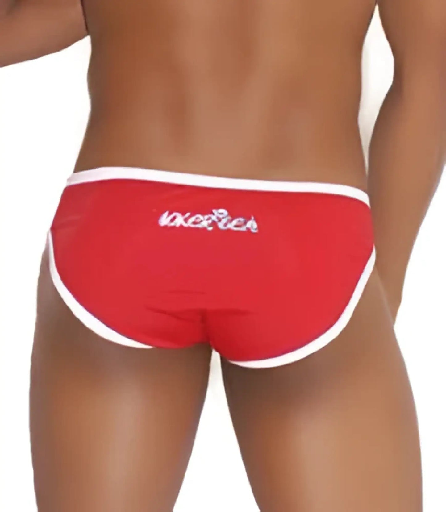 Icker Sea zipper front ACT slip bikini swimwear red men’s swim trunks with white trim and subtle waistband logo
