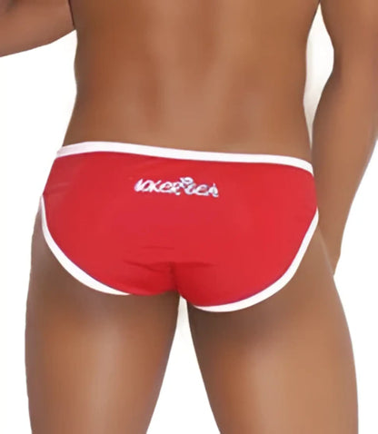 Icker Sea zipper front ACT slip bikini swimwear red men’s swim trunks with white trim and subtle waistband logo