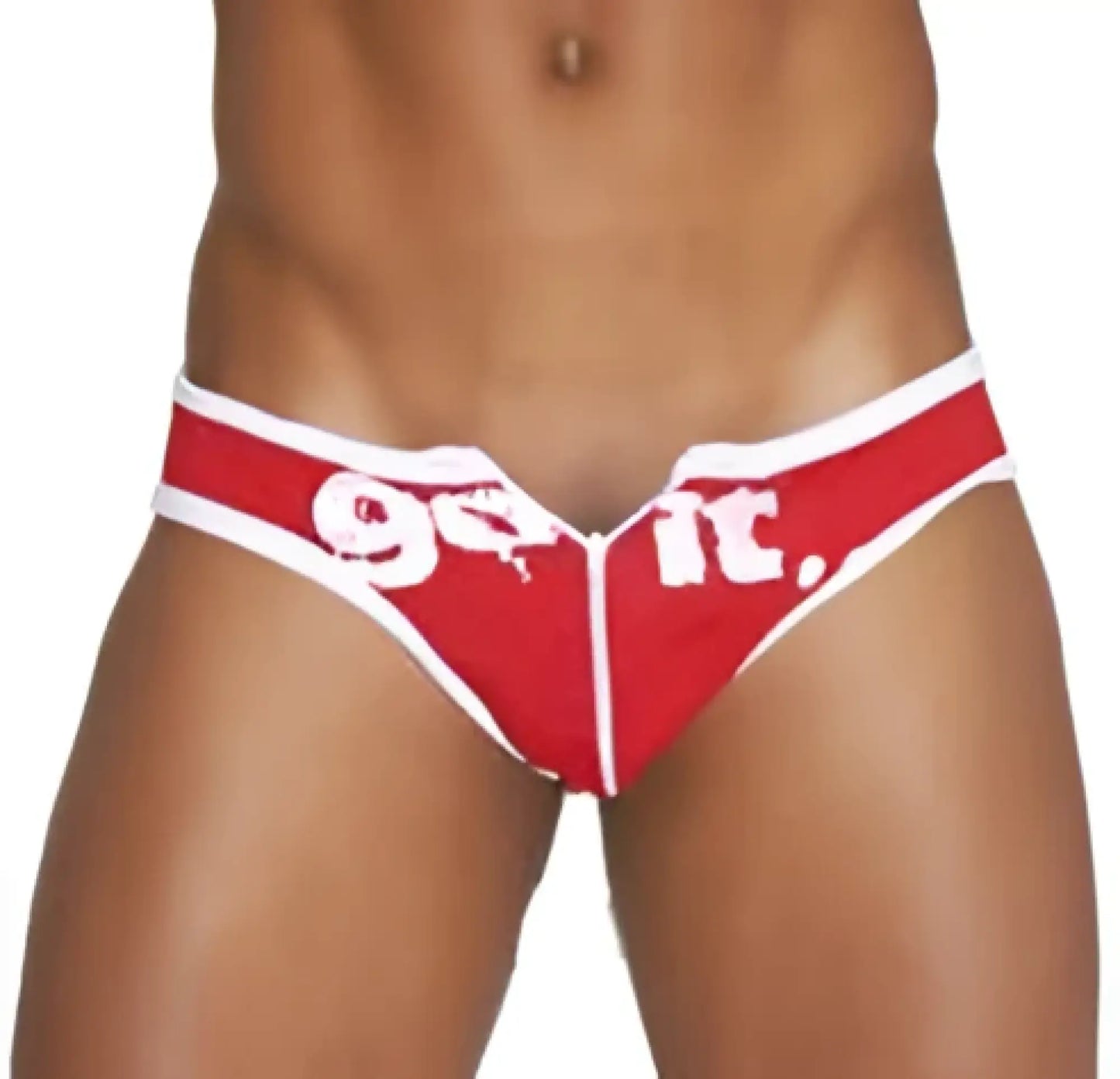 Red and white go it briefs with bold graphic design from icker sea zipper front act slip bikini swimwear red cob-13-19