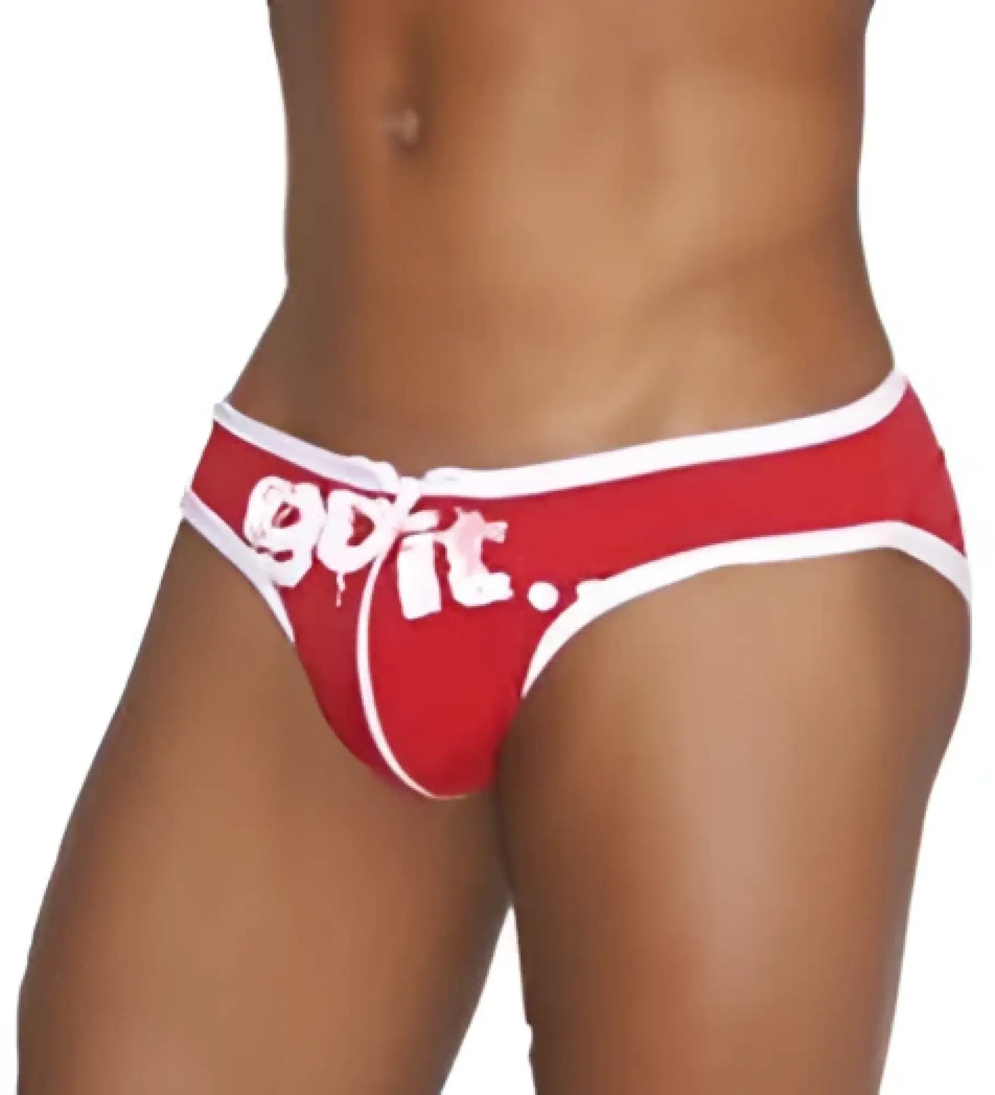 Icker sea zipper front act slip bikini swimwear in red with white quit swim trunks featuring bold graphic design