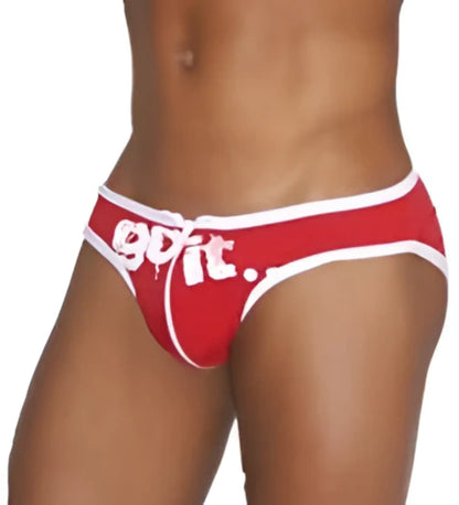 Icker sea zipper front act slip bikini swimwear in red with white quit swim trunks featuring bold graphic design