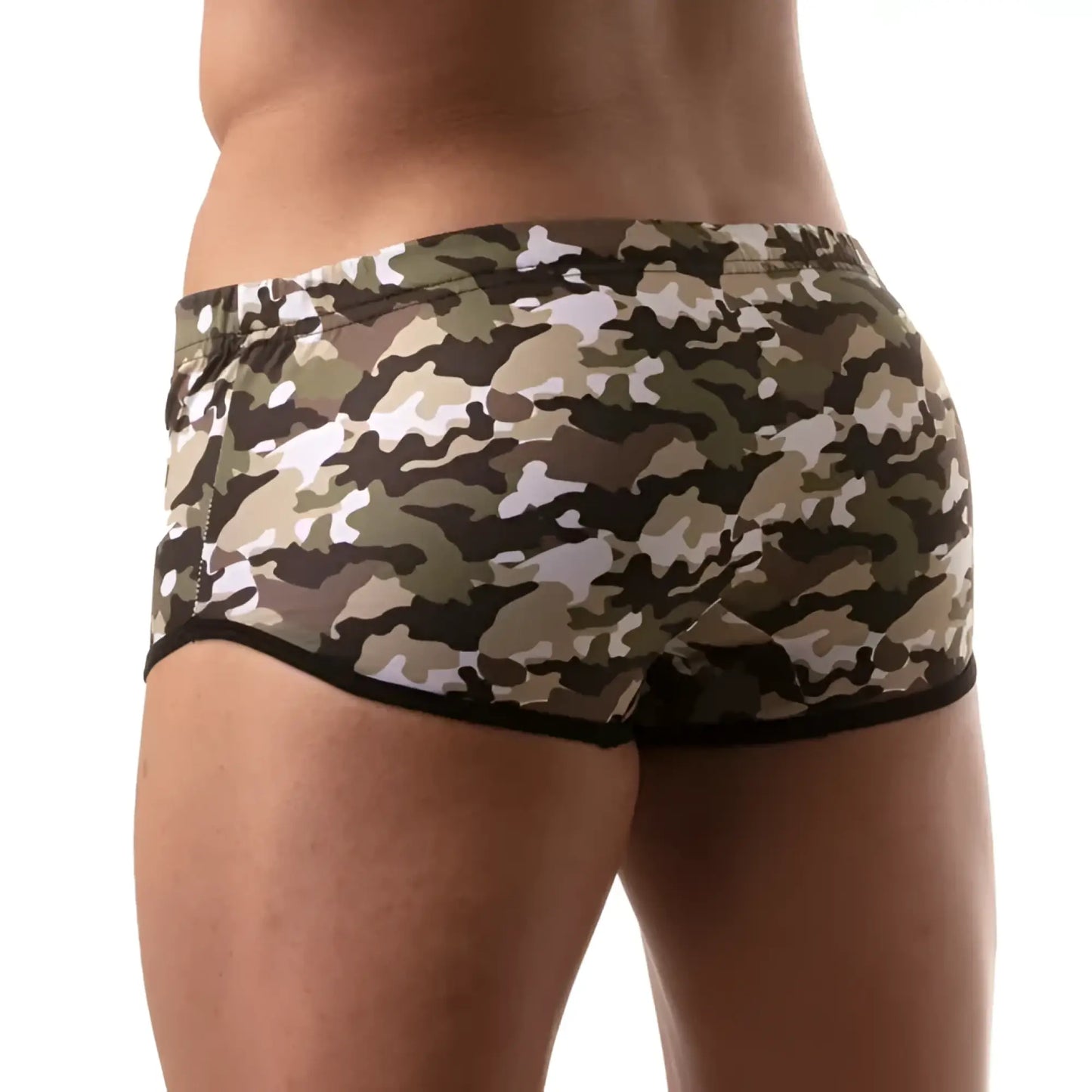 Iconic swim sunga camouflage-patterned men’s briefs with black trim for stylish swimwear use