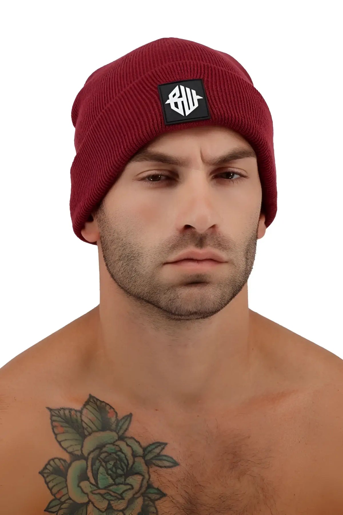 Maroon knitted iconixxx beanie with a black patch featuring a white logo front view
