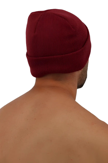 Iconixxx beanie maroon ribbed knit beanie with folded cuff made from soft warm material for cold weather