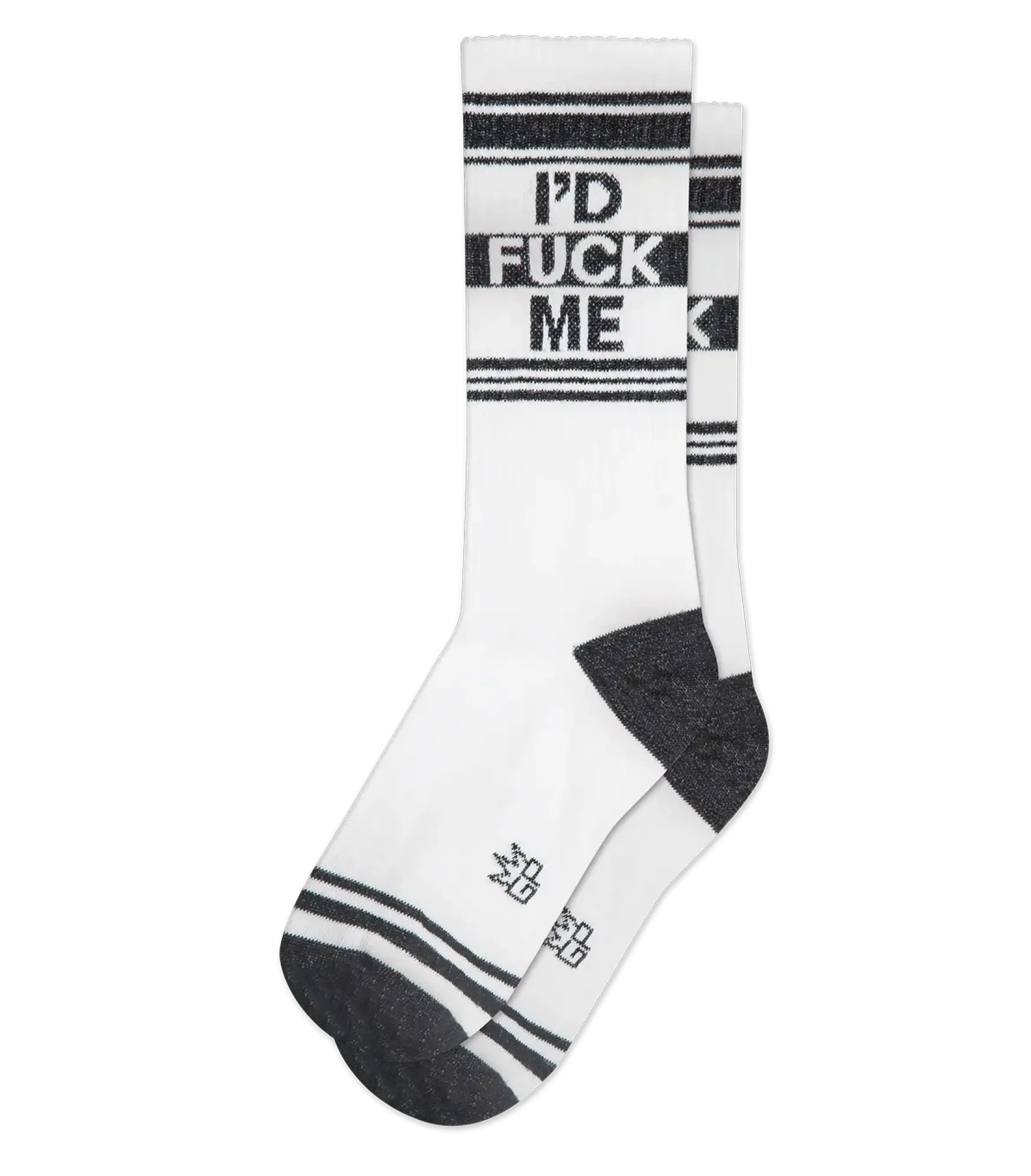 White athletic crew socks with black stripes and dark gray toe heel bold id fuck me text on calf