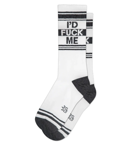 White athletic crew socks with black stripes and dark gray toe heel bold id fuck me text on calf