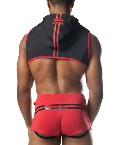 Back view of black and red ignite cropped sleeveless hoodie with hood two vertical orange stripes and embroidered logo