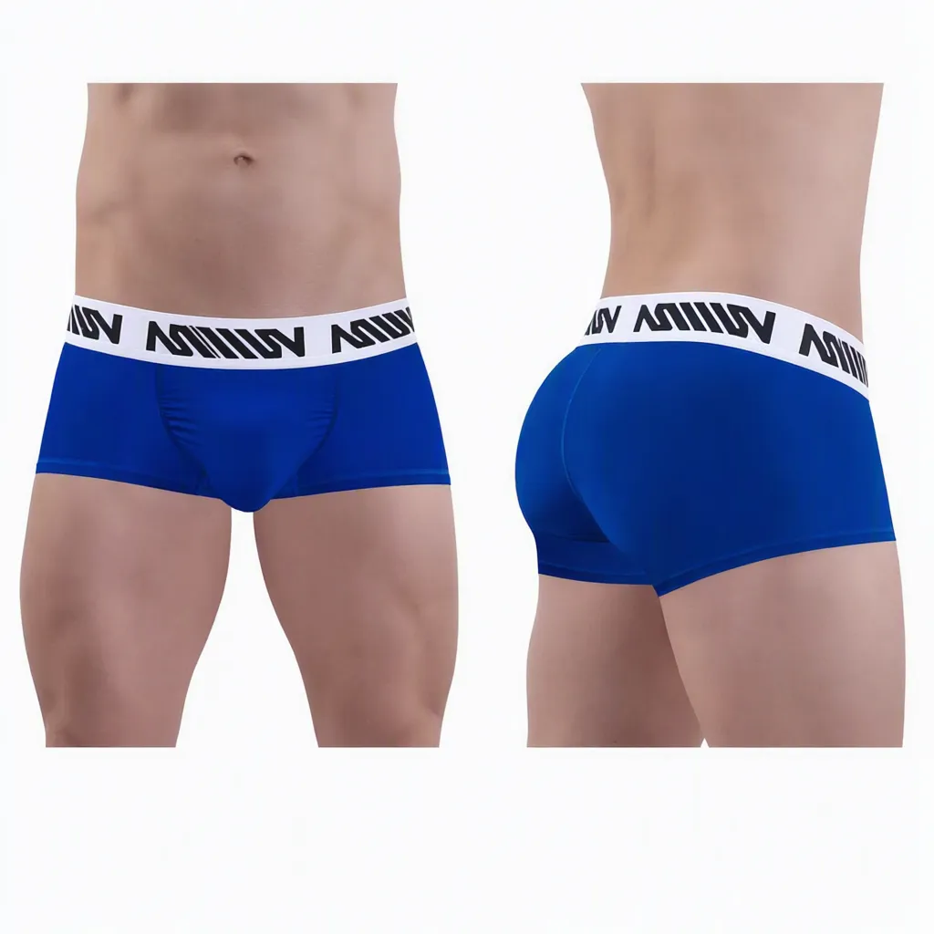 Cobalt blue men's pocket short boxer with a contrasting waistband shown from front and back by MetroMaleWear M2W