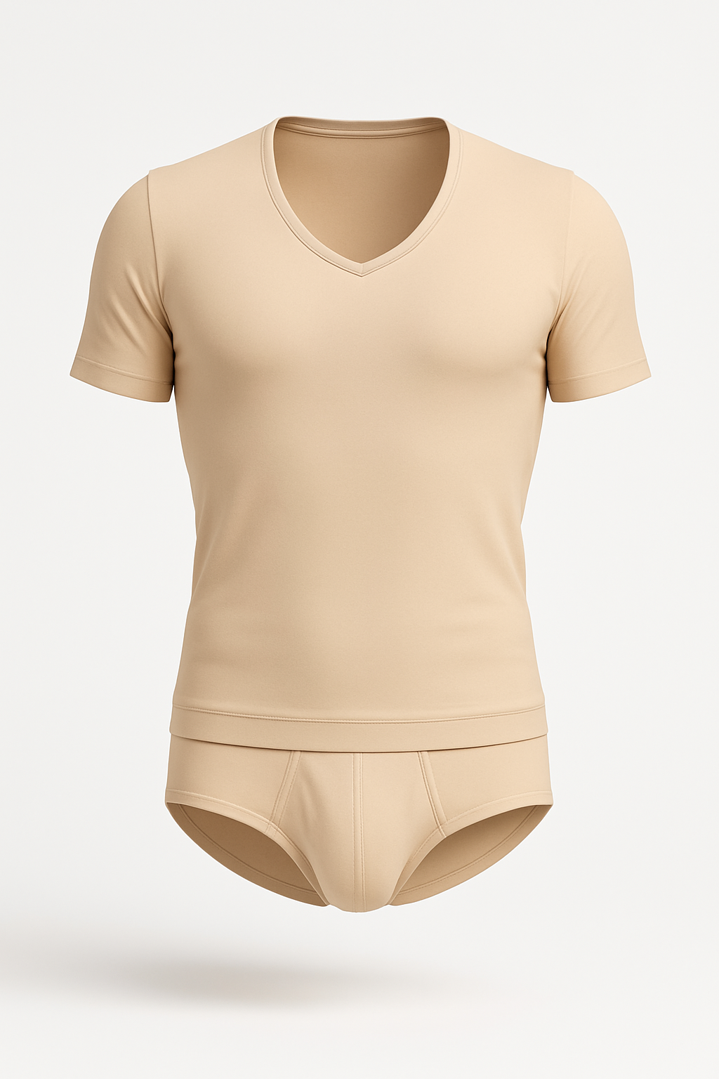 Beige joe snyder v neck short-sleeved undershirt and matching briefs set made from soft comfortable fabric