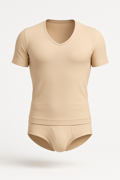 Beige joe snyder v neck short-sleeved undershirt and matching briefs set made from soft comfortable fabric