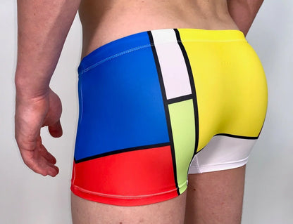 Colorful square cut men's swimsuit by Maris Equi featuring blue yellow red and green geometric patterns shown from the back.