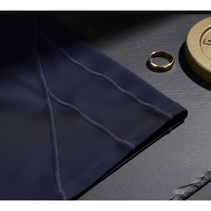 Dark navy arroyman bulge runner tights performance shorts with reinforced stitching along the arm seam
