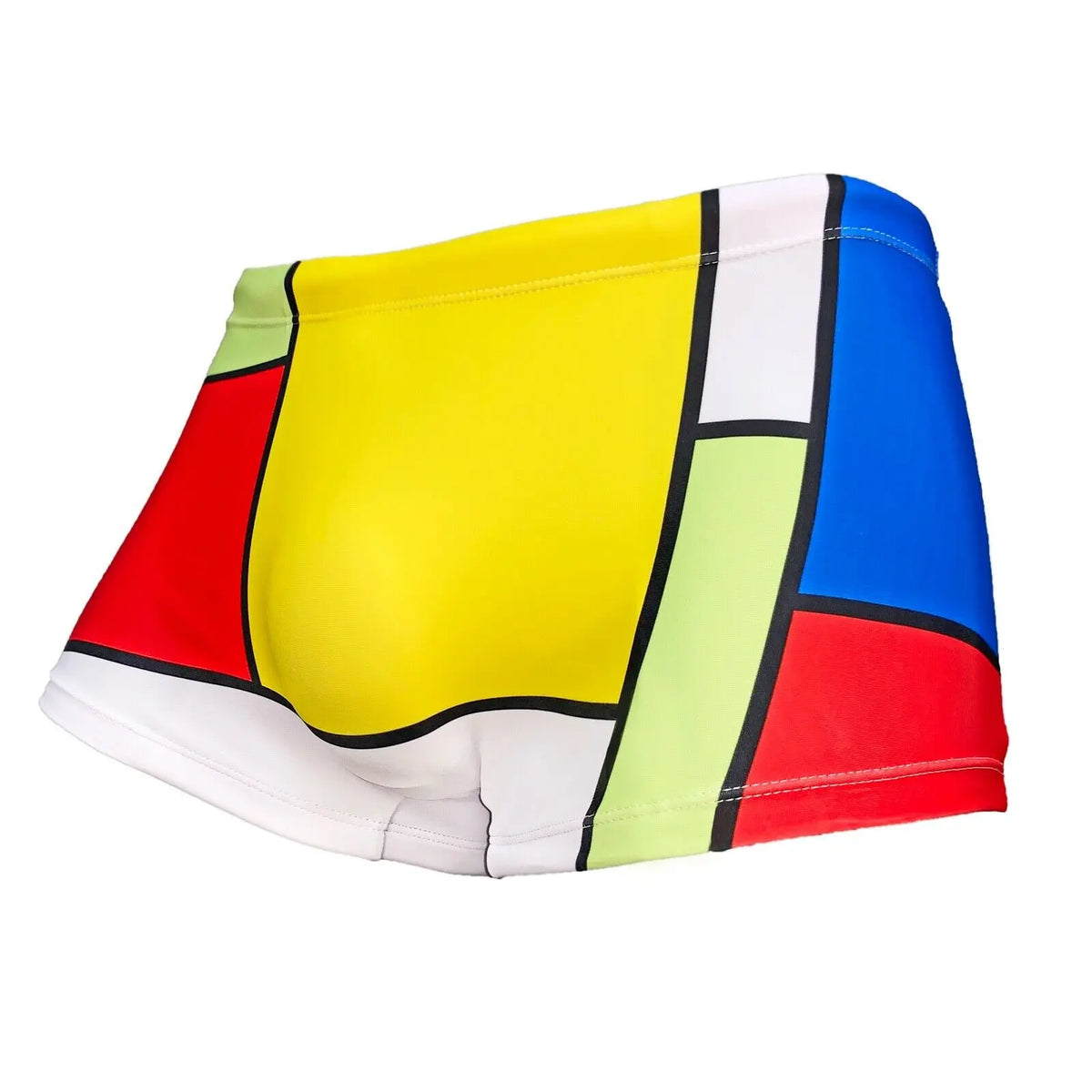 Colorful square cut men's swimsuit by Maris Equi featuring a bold geometric pattern in yellow red blue and green.