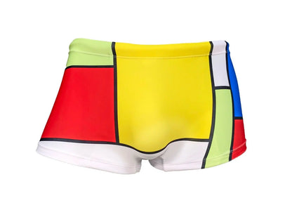 Colorful square cut men's swimsuit in red yellow green and blue by Maris Equi featuring a geometric design.