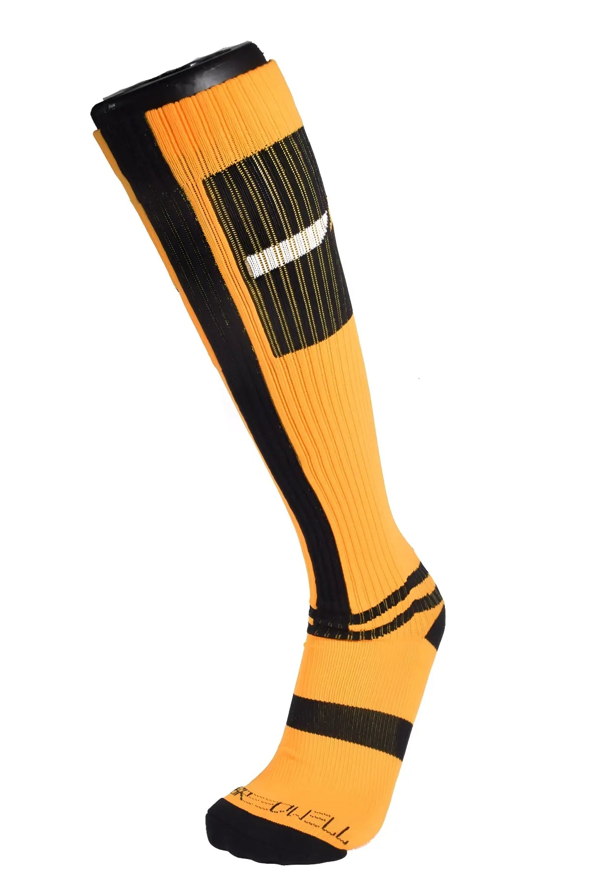 Bright orange infinity socks with black and white striped accents ribbed texture and revel branding near toe