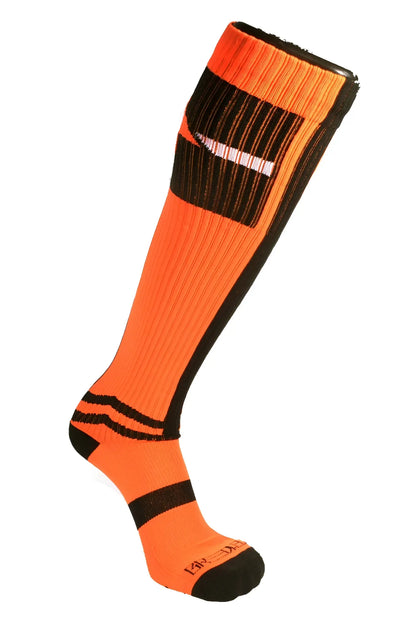Bright orange infinity socks with black ribbed accents and white stripe detail ideal for athletic use