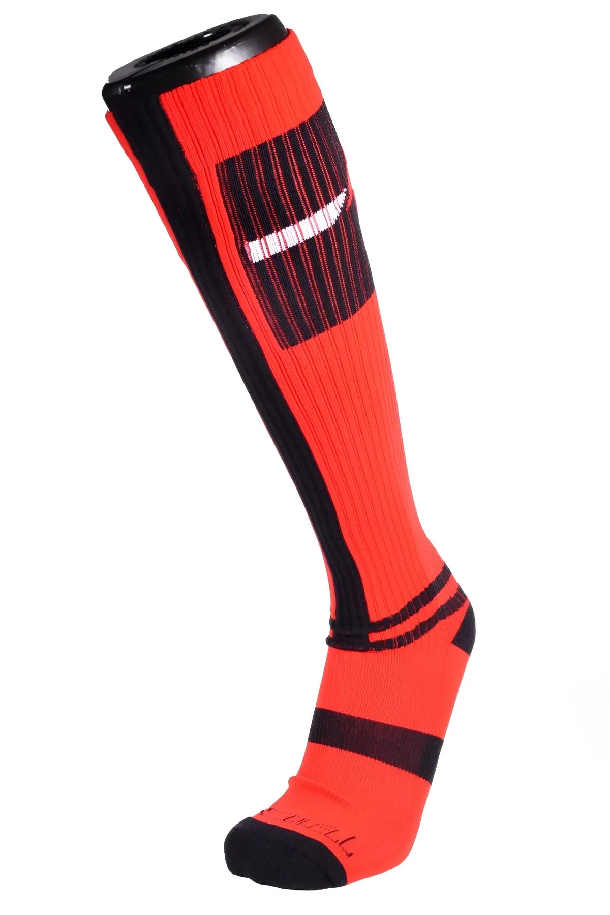 Infinity socks bright orange athletic sock with black ribbed stripes and white swoosh logo on the side