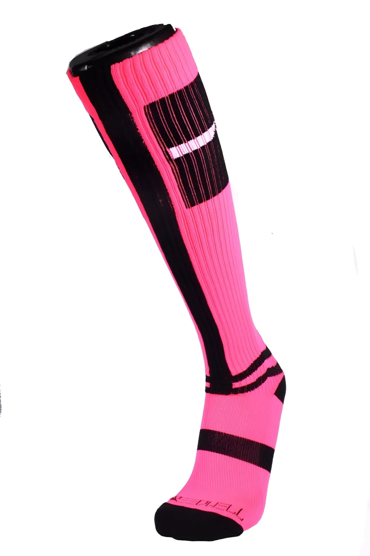 Bright pink infinity socks with black and white accents feature ribbed texture and bold striped design