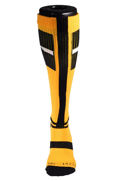 Infinity Socks bright yellow athletic sock with black white stripes ribbed texture and reinforced toe for sports use