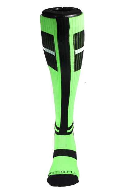 Infinity socks neon green and black knee-high athletic sock with ribbed texture and white side accent stripes