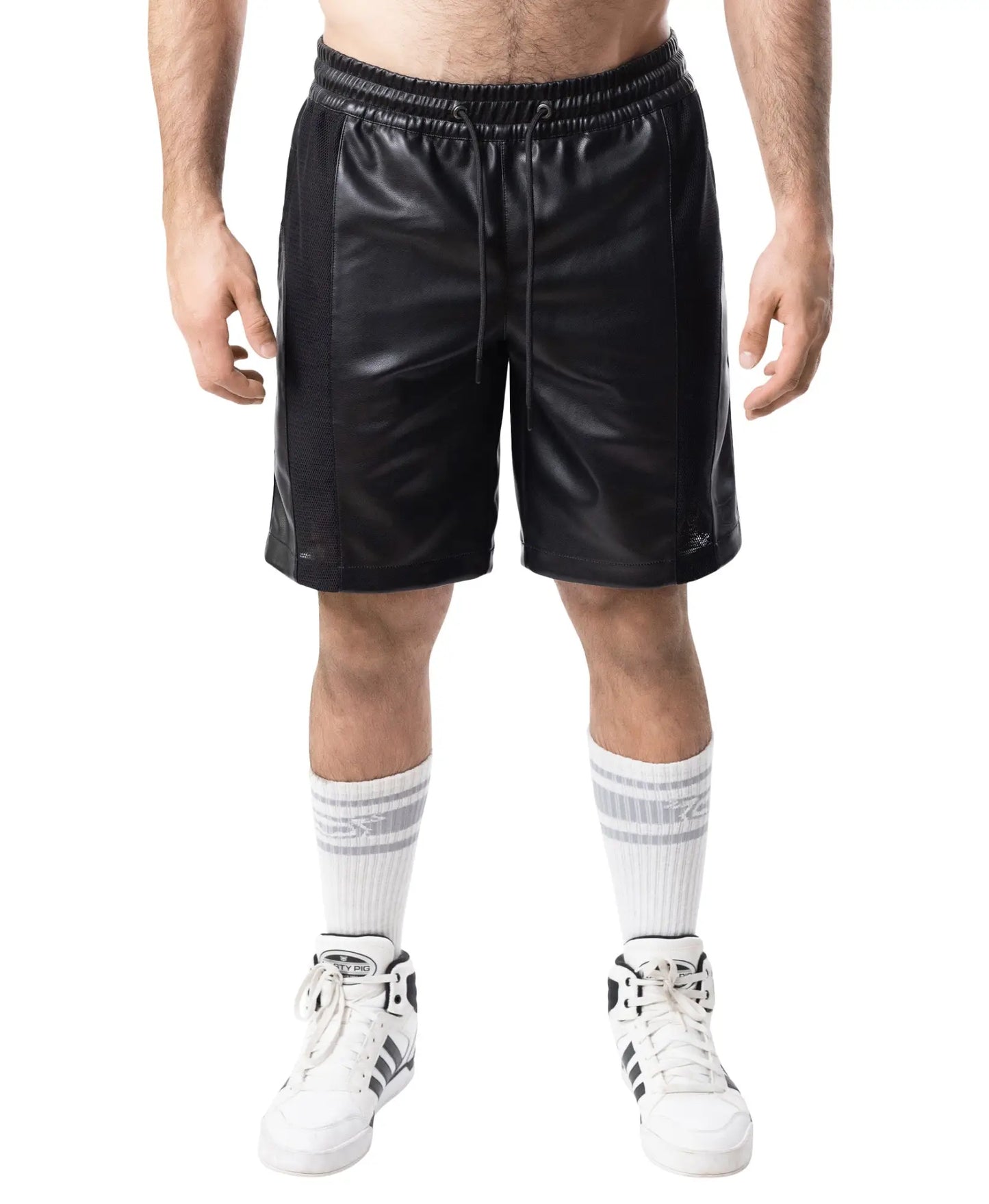 Black faux leather intake classic short with drawstring waistband and side seam stitching for casual wear
