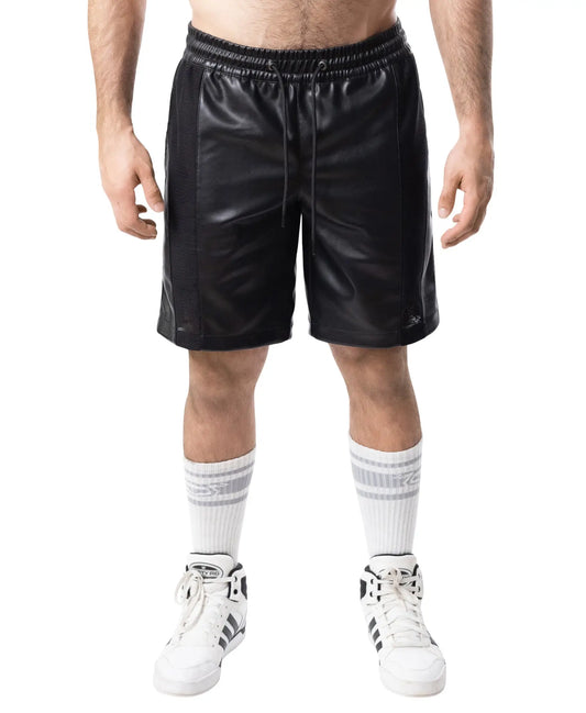 Black faux leather intake classic short with drawstring waistband and side seam stitching for casual wear