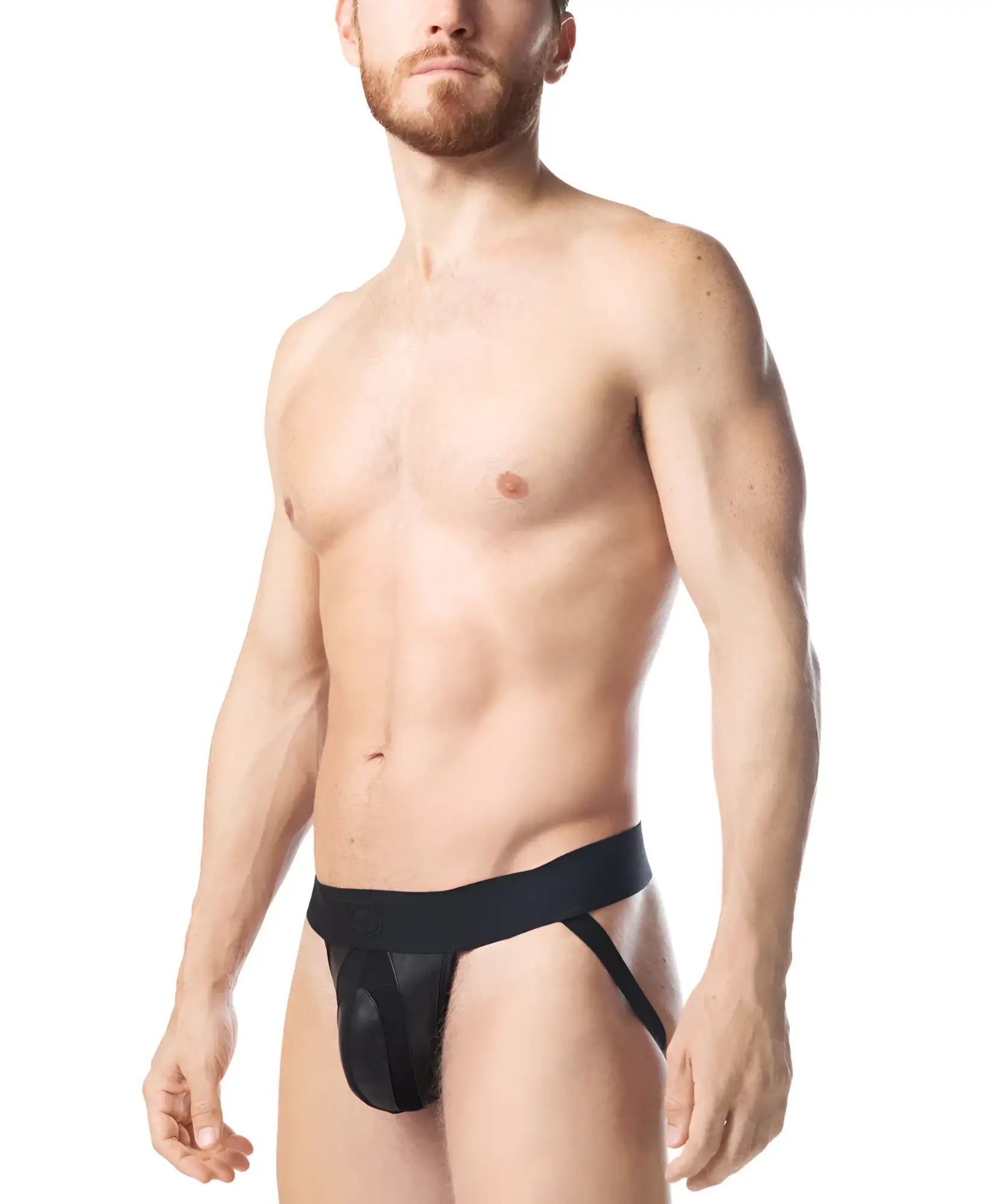 Black leather-like intake jockstrap briefs with wide waistband and supportive side straps shown from front