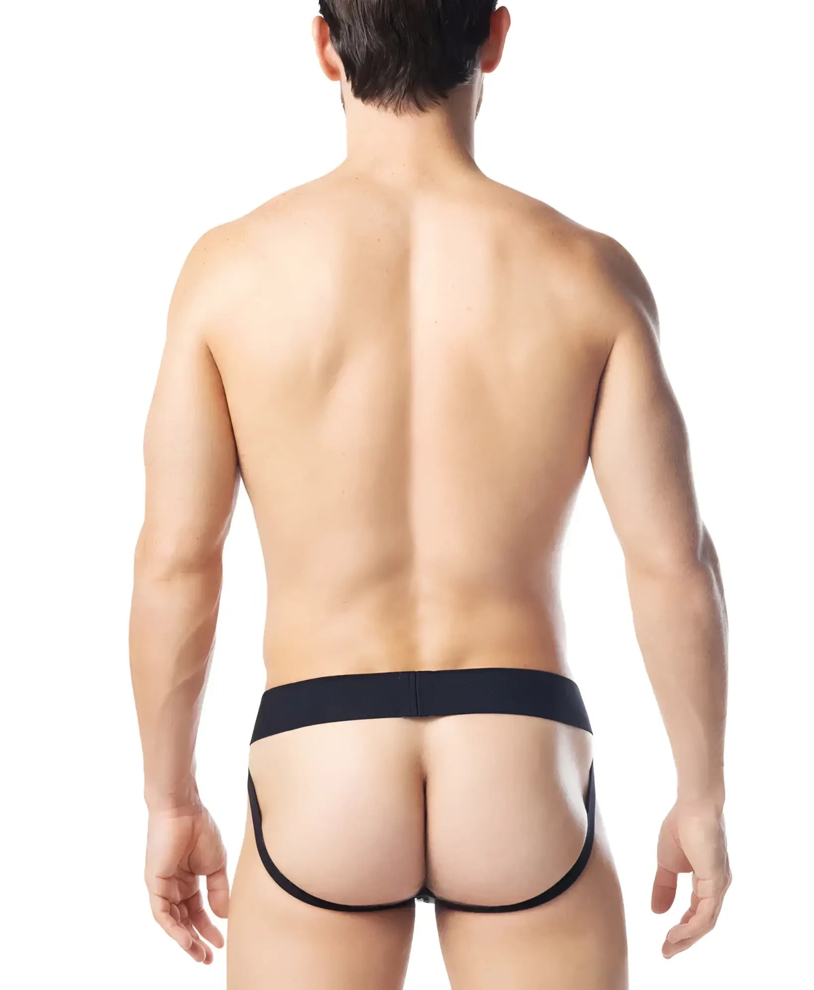 Black form-fitting intake jockstrap briefs with a sleek minimalist design ideal for comfortable everyday wear