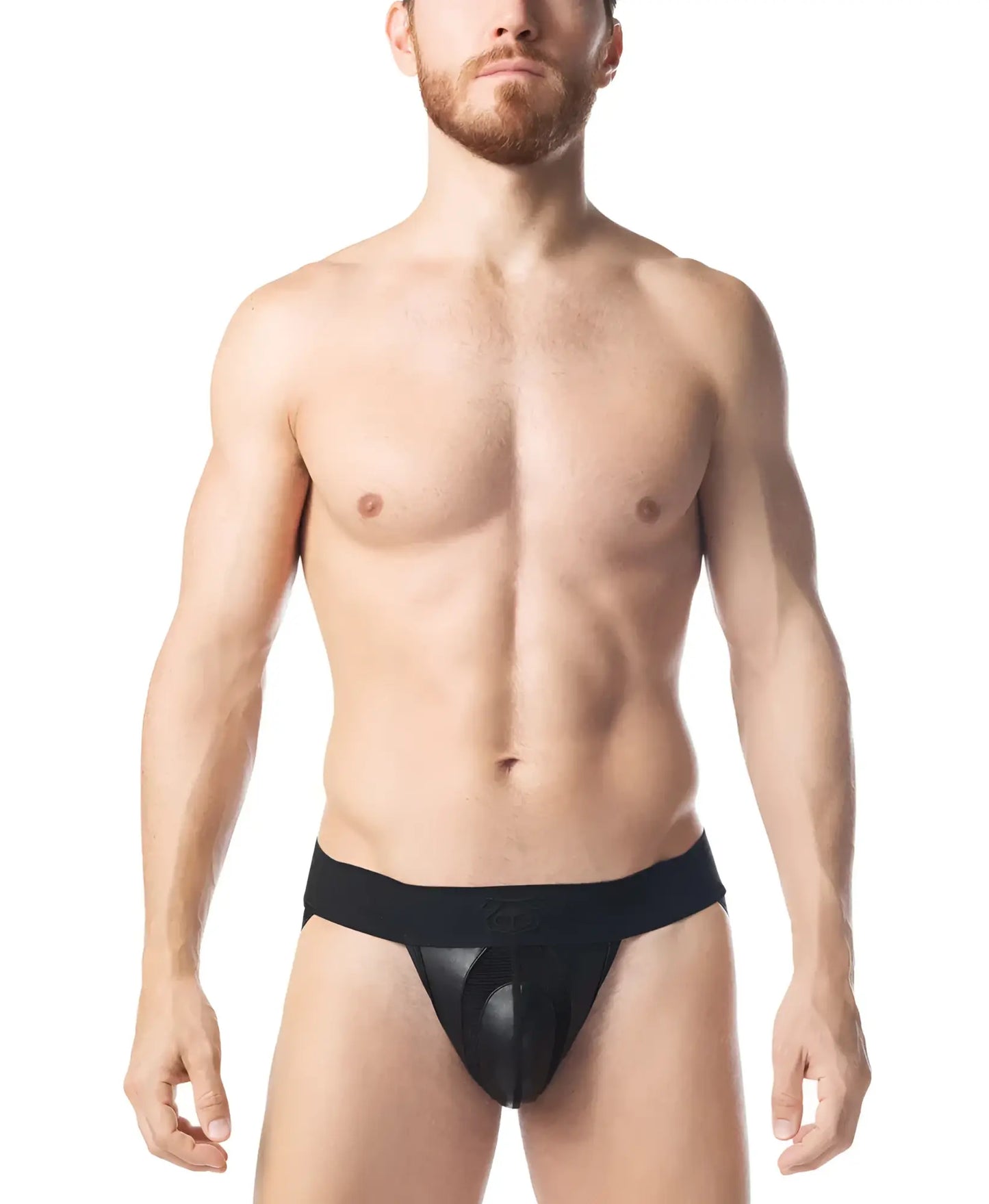 Intake jockstrap featuring black mesh briefs with a solid black waistband for breathable support