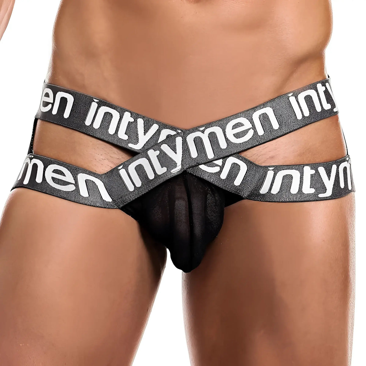 Black sheer mesh briefs with bold gray elastic waistband featuring white intymen branding in intymen INE017 jockstrap