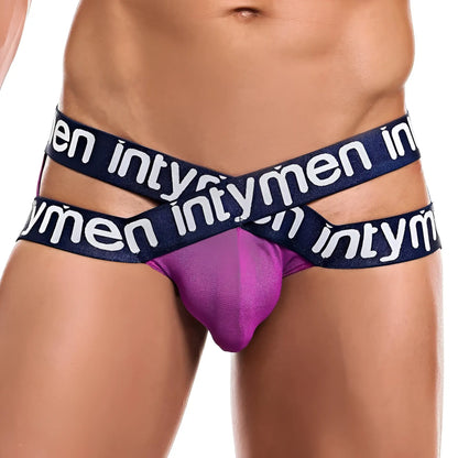 Purple mesh briefs with navy blue elastic waistband featuring white intymen branding from Intymen INE017 jockstrap