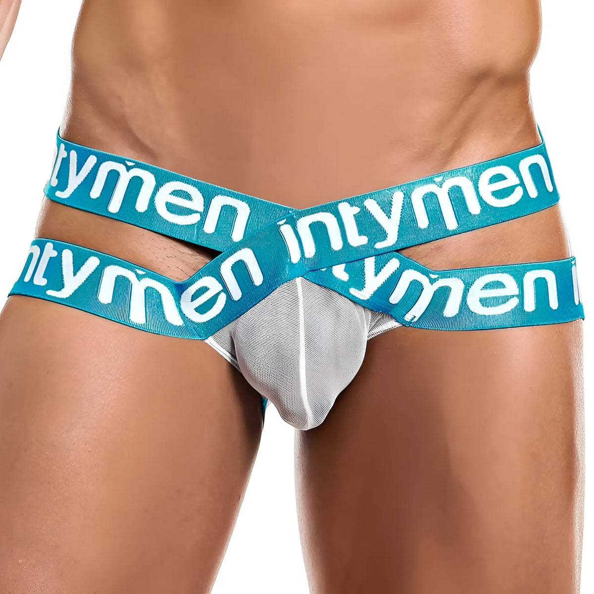 Teal and gray intymen ine017 jockstrap with crossed elastic waistbands showing the back side of branded briefs