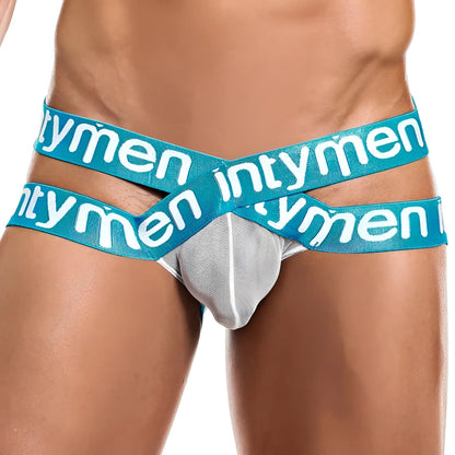Teal and gray intymen ine017 jockstrap with crossed elastic waistbands showing the back side of branded briefs