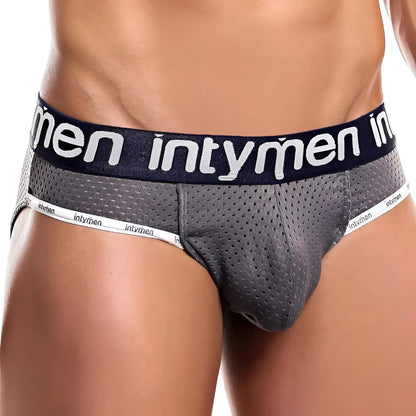 Gray mesh menâ€™s briefs with navy blue waistband and white intymen branding from Intymen INE018 jockstrap collection