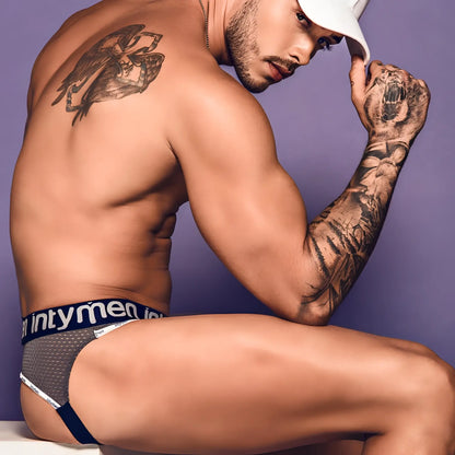 Gray mesh Intymen INE018 jockstrap briefs with navy elastic waistband white trim and Intymen logo in white lettering
