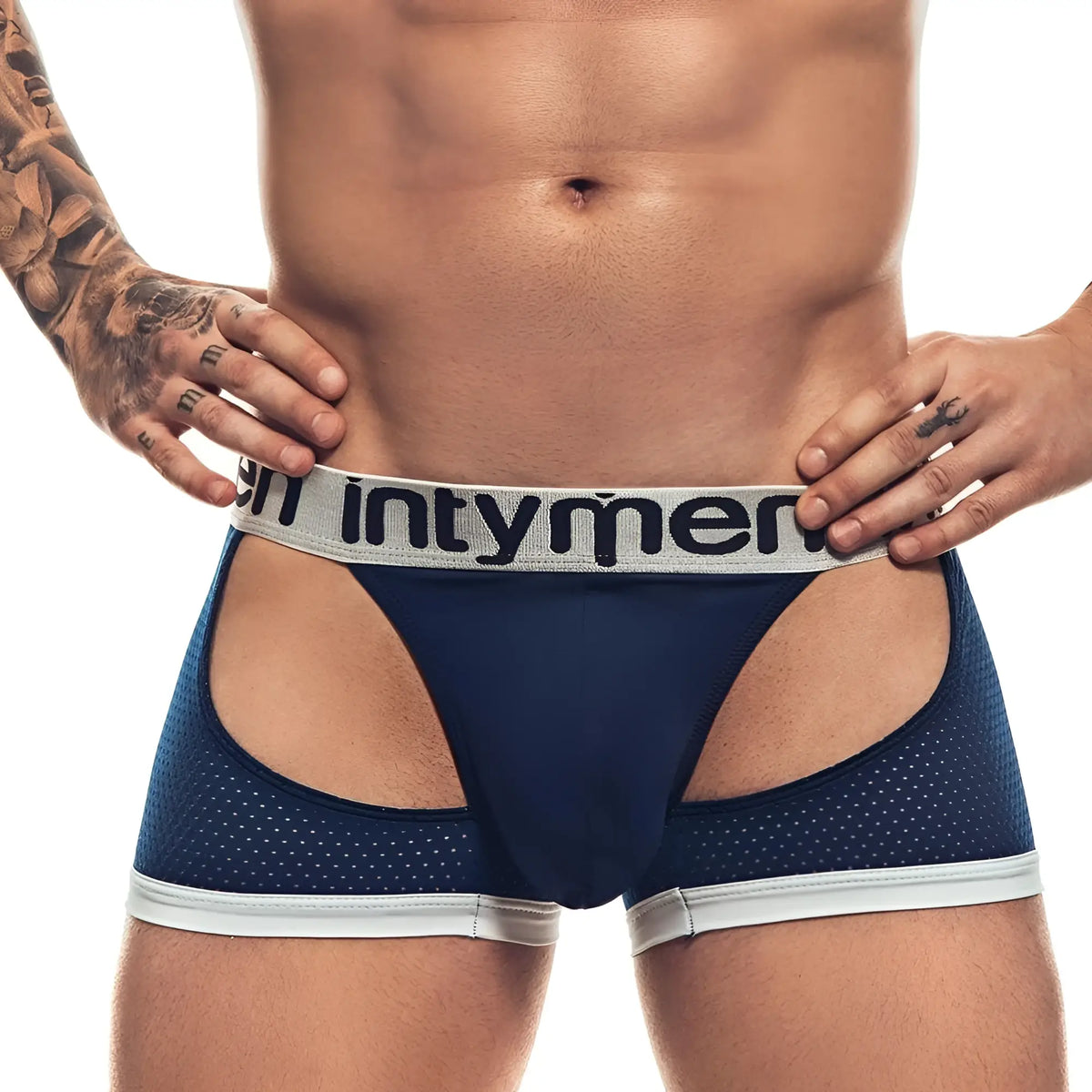 Navy blue mesh cutout briefs with white trim and gray waistband featuring intymen brand name in jockstrap style